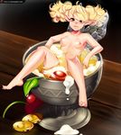  alcohol barefoot bathing beer blonde_hair blush breasts cherry coin convenient_censoring cup dragon's_crown fairy fairy_wings foam food fruit full_body goblet gold green_eyes highres in_container in_cup long_hair looking_at_viewer loyproject minigirl nipples nose_blush nude parted_lips partially_submerged pointy_ears small_breasts smile solo tiki_(dragon's_crown) toes twintails watermark web_address wings 