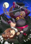  1girl animal_ears black_gloves black_thighhighs blue_eyes blurry blurry_background breasts brown_hair commentary_request ear_covers elbow_gloves gloves hair_between_eyes highres holding holding_sword holding_weapon horse_ears horse_girl japanese_clothes katana kimono large_breasts looking_at_viewer multicolored_hair ninja official_alternate_costume official_alternate_hairstyle piett scarf sleeveless sleeveless_kimono solo streaked_hair super_creek_(flowery_shadow_amongst_the_gentle_rain)_(umamusume) super_creek_(umamusume) sword thighhighs umamusume weapon white_hair white_scarf 