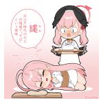  <|>_<|> 2girls :d ahoge apron bdsm beret black_hat black_wings blue_archive blush bondage bound breasts capriccyo chibi cleavage closed_eyes collared_shirt commentary_request dress_shirt feathered_wings gradient_background halo hanako_(blue_archive) hanako_(swimsuit)_(blue_archive) hat head_wings highres kappougi koharu_(blue_archive) large_breasts long_hair low_wings lying multiple_girls on_side pink_background shirt shokunin_to_hitozuma smile standing translation_request twintails twitter_username v-shaped_eyebrows very_long_hair wavy_mouth white_apron white_background white_shirt wings 