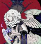  1boy absurdres angel angel_wings black_shawl chinese_commentary colored_skin commentary_request cookie_run cookie_run:_kingdom doughael eye_mask halo halo_behind_head head_wings highres karsin2022 looking_at_viewer mask multiple_wings shawl solo white_skin wings 