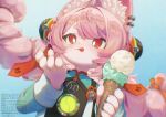  1girl animal_ear_fluff animal_ear_piercing animal_ears animal_hands black_dress blue_shirt braid closed_mouth commentary_request dress food food_on_face furry furry_female hair_ornament highres holding holding_food holding_ice_cream ice_cream ice_cream_cone long_hair long_sleeves moika multiple_scoops pinafore_dress pink_hair red_eyes shirt sleeveless sleeveless_dress solo sphere_hair_ornament thick_eyebrows tongue tongue_out twin_braids zenless_zone_zero zhao_(zenless_zone_zero) 