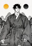 1boy alternate_costume black_hair black_robe clothing_request commentary curtained_hair dalchi09 english_commentary hands_on_own_knees heterochromia looking_at_viewer male_focus moon mountainous_horizon omniscient_reader's_viewpoint partially_colored robe rope_belt short_hair solo sun tassel yoo_joonghyuk 