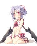  alternate_costume alternate_hairstyle bat_wings between_legs blue_hair blush crop_top frown hand_between_legs hands_together midriff red_eyes remilia_scarlet sandals satou_kibi short_hair simple_background sitting skirt sleeveless slit_pupils solo touhou v_arms wariza white_background wings wrist_cuffs 