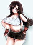  57mm areola_slip areolae bangs bare_shoulders belt black_hair black_skirt blush breasts brown_eyes cleavage cowboy_shot crop_top final_fantasy final_fantasy_vii gigantic_breasts hand_on_hip light_smile long_hair looking_at_viewer miniskirt nipple_slip no_bra no_nose panties pantyshot pantyshot_(standing) shirt simple_background skindentation skirt sleeveless sleeveless_shirt smile solo suspenders tank_top tifa_lockhart underboob underwear white_panties white_shirt 