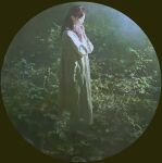  1girl absurdres asian black_background brown_hair circle commentary_request dress highres long_hair looking_to_the_side naohiro_ito nightgown oil_painting_(medium) original oval painting_(medium) plant solo traditional_media weeds white_dress 