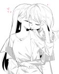  2girls absurdres bang_dream! bang_dream!_it's_mygo!!!!! blush choker closed_eyes closed_mouth greyscale heart highres hug hug_from_behind jacket kiss kissing_cheek long_hair monochrome multiple_girls shiina_taki spot_color white_background yahata_umiri yuri zikiki1092 