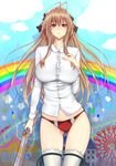  amagi_brilliant_park antenna_hair brown_eyes brown_hair dress_shirt gun long_hair panties rainbow red_panties rifle sento_isuzu shirt solo underwear weapon white_legwear zucchini 