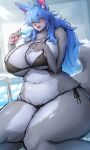  1girl absurdres animal_ear_fluff animal_ears bikini black_bikini blue_hair blush breasts commentary_request food furry furry_female glasses green_eyes highres holding holding_food holding_popsicle huge_breasts long_hair looking_at_viewer open_mouth original plump popsicle side-tie_bikini_bottom sideboob sitting smile snout solo stomach suurin_(ksyaro) swimsuit tail thick_thighs thighs two-tone_fur underboob wet wide_hips 