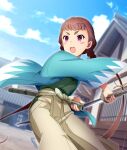  1girl :o architecture blue_haori blue_sky blunt_bangs blush_stickers braid brown_hair brown_hakama clothing_cutout cloud cowboy_shot day dutch_angle east_asian_architecture game_cg green_kimono hakama haori hip_vent holding holding_sheath holding_sword holding_weapon japanese_clothes kimono long_hair long_sleeves low_twintails matsunaga_erina official_art open_mouth outdoors purple_eyes purple_pupils sheath shinsengumi short_eyebrows sky solo sword teeth thick_eyebrows third-party_source toji_no_miko toji_no_miko:_kizamishi_issen_no_tomoshibi twintails unsheathed upper_teeth_only v-shaped_eyebrows very_long_hair weapon wide_sleeves 