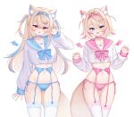 2girls :d absurdres animal_ear_fluff animal_ears blonde_hair blue_bow blue_bowtie blue_choker blue_eyes blue_garter_belt blue_hairband blue_panties blue_sailor_collar blue_streaks bow bowtie choker claw_pose commentary cowboy_shot cropped_shirt crossed_bangs demcheg dog_ears dog_girl dog_tail double-parted_bangs fake_horns frilled_sailor_collar frilled_shirt_collar frills fuwawa_abyssgard hair_between_eyes hair_intakes hairband hand_up hands_up highres hololive hololive_english horn_hairband horns long_hair long_sleeves looking_at_viewer mococo_abyssgard multicolored_hair multiple_girls navel no_pants open_mouth panties pink_bow pink_bowtie pink_choker pink_eyes pink_garter_belt pink_hairband pink_panties pink_sailor_collar pink_streaks puffy_long_sleeves puffy_sleeves sailor_collar sailor_shirt shirt short_hair siblings side-tie_panties simple_background sisters smile standing stomach streaked_hair symbol-only_commentary tail twins two_side_up underwear virtual_youtuber white_background white_shirt 