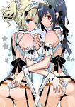  ass bad_id bad_pixiv_id black_hair blonde_hair blue_eyes breasts cowboy_shot from_behind garter_straps halftone hand_on_another's_ass holding_hands looking_at_viewer maid maid_headdress medium_breasts multiple_girls original red_eyes short_twintails smile tajima_ryuushi thighhighs thong twintails wrist_cuffs 