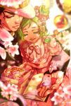  1girl bad_id bad_pixiv_id black_hair blue_eyes blurry box braid child colored_eyelashes depth_of_field doll doromaso double_bun dress father_and_daughter flower green_hair hair_flower hair_ornament highres jojo_no_kimyou_na_bouken kuujou_jolyne kuujou_joutarou looking_down narciso_anasui pink_dress star turtleneck younger 