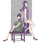 1boy 1girl absurdres bandaged_wrist bandages beads black_nails blue_eyes blunt_bangs border china_dress chinese_clothes cleavage_cutout closed_mouth clothing_cutout commentary_request crossdressing crossdressing_(mtf) dated dress flats full_body green_hair green_pants green_shirt grey_background hair_beads hair_ornament hair_ribbon half_updo high_heels highres hugging_own_legs jinshi_(kusuriya_no_hitorigoto) kusuriya_no_hitorigoto mandarin_collar maomao_(kusuriya_no_hitorigoto) nail_polish pants pelvic_curtain pink_eyes pumps purple_dress purple_hair purple_nails purple_shoes red_ribbon red_shoes red_trim ribbon shirt shoes short_sleeves sitting sleeveless sleeveless_dress smile takehide toe_cleavage twitter_username white_border 