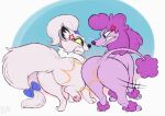 2025 accessory angry big_butt black_nose blue_eyes bow_ribbon butt butt_bump canid canine canis cheek_tuft colored colored_sketch digital_drawing_(artwork) digital_media_(artwork) domestic_cat domestic_dog duo eye_contact facial_tuft felid feline felis female female/female feral flat_colors fluffy fur furgonomics hi_res inner_ear_fluff looking_at_another mammal mimi-fox motion_lines pawpads pink_pawpads poodle purple_body purple_fur purple_nose rear_view ribbons simple_background sketch standing tail tail_accessory tail_bow tail_ribbon tail_tuft teeth tuft white_body white_fur white_sclera yellow_sclera