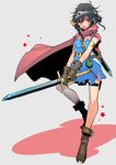  black_hair breasts cape circlet cosplay dragon_quest dragon_quest_iii full_body gloves original pink_eyes roto roto_(cosplay) short_hair small_breasts solo standing standing_on_one_leg sword tajima_ryuushi weapon 