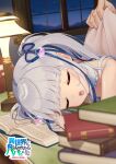  1boy 1girl absurdres bare_shoulders blue_ribbon blue_sky blurry blurry_foreground book book_stack choker covering_with_blanket depth_of_field desk_lamp frilled_choker frills grey_hair hair_ribbon highres indoors isekai_ni_tobasaretara_papa_ni_nattandaga lamp long_hair night official_art open_book orurea_(isepapa) ribbon sable_mint sky solo_focus white_choker window 