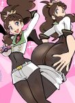  1girl :d artist_name ass black_bodysuit blue_eyes bodysuit brown_hair clothes_pull commentary covered_navel cropped_jacket english_commentary highres hilda_(champion)_(pokemon) hilda_(pokemon) holding holding_poke_ball jacket long_hair long_sleeves looking_at_viewer master_ball multiple_views official_alternate_costume open_mouth pink_background poke_ball pokemon pokemon_masters_ex ponytail short_shorts shorts shorts_pull smile sooperman teeth upper_teeth_only white_jacket white_shorts 