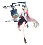  1girl ;q adjusting_clothes adjusting_shoe ankle_socks aqua_bag bag belt black_belt black_bow black_socks block_heels blonde_hair blue_necktie blunt_ends bow breasts brown_shoes button_gap buttons closers collared_shirt colored_inner_hair diagonal-striped_clothes diagonal-striped_necktie double-breasted ear_piercing earrings english_text full_body hair_bow high-waist_skirt highres jewelry large_breasts leg_up long_hair long_sleeves looking_at_viewer miniskirt multicolored_hair necktie one_eye_closed piercing red_eyes red_hair shirt shoes shopping_bag shoulder_bag skirt socks solo standing standing_on_one_leg striped_clothes suspender_skirt suspenders suspenders_slip tongue tongue_out very_long_hair wallet_chain white_background white_shirt yoon_ria_(closers) 