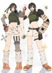  2girls armor belt black_belt black_hair breasts brown_eyes chest_strap commentary_request crop_top final_fantasy final_fantasy_vii final_fantasy_vii_remake fingerless_gloves full_body gloves green_shirt hair_between_eyes hand_on_own_hip headband highres light_blush loose_socks medium_breasts midriff multiple_girls navel open_fly open_mouth orange_gloves orange_shoes pauldrons ribbed_shirt shirt shoes short_hair shorts shoulder_armor shuriken single_arm_guard single_bare_shoulder single_fishnet_armwear single_pauldron sleeveless sleeveless_turtleneck smile sneakers socks turtleneck v weapon white_shorts white_socks yawnsyl yuffie_kisaragi 
