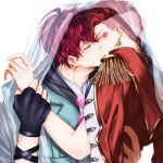  2boys ahoge armband black_gloves brown_hair buzz_cut commission crying denim denim_jacket earrings facial_tattoo fingerless_gloves gloves hair_over_one_eye highres holding_another's_wrist jacket jewelry male_focus multiple_boys nolan_porfirio pirate_costume red_hair rwby scarf scarlet_david shirt short_hair tattoo unworn_eyewear veil very_short_hair white_shirt y_a_miller yaoi 