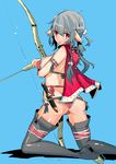  arrow ass bikini black_footwear blue_background boots bow_(weapon) breasts cape earrings elf from_behind grey_hair jewelry kneeling knife large_breasts long_hair looking_at_viewer looking_back original pink_eyes pointy_ears red_bikini solo swimsuit tajima_ryuushi thigh_boots thighhighs weapon 