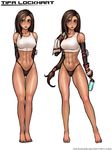  1girl abs absurdres barefoot black_hair character_sheet elbow_gloves final_fantasy final_fantasy_vii fingerless_gloves gloves highres no_pants ronindude simple_background stomach tank_top thong tifa_lockhart towel underwear water_bottle 