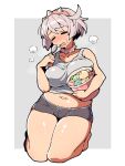  1girl black_shorts blush breasts breath choppy_bangs closed_eyes collar eating elphelt_valentine food full_body grey_background grey_hair grey_tank_top guilty_gear guilty_gear_strive hairband highres holding holding_food holding_ice_cream holding_spoon ice_cream itsuka_neru large_breasts navel open_mouth outie_navel pink_collar pink_hairband plump short_hair short_shorts shorts solo spiked_collar spiked_hairband spikes spoon sweat tank_top thighs 