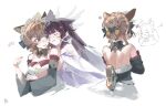  2girls :3 anger_vein animal_ears bare_back bare_shoulders black_bow black_hair black_sleeves blue_eyes blunt_bangs blush bow braid brown_hair bun_with_braided_base cat_ears cheek-to-cheek chibi chibi_inset closed_eyes closed_mouth columbina_(genshin_impact) detached_collar detached_sleeves dress eye_mask genshin_impact hair_bow hair_bun hair_ornament hair_ribbon hand_up hashtag-only_commentary heads_together heart highres hug long_hair long_sleeves looking_at_another mask median_furrow multicolored_hair multiple_girls musical_note paw_pose purple_hair ribbon sandrone_(genshin_impact) shoulder_blades simple_background single_hair_bun sketch spoken_musical_note streaked_hair tian_luo_bo tress_ribbon white_background white_dress white_headdress white_mask white_ribbon winding_key wing_hair_ornament yellow_bow yuri 