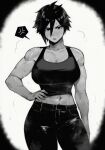  1girl abs alternate_breast_size_(larger) anger_vein arm_at_side armpit_crease belt black_hair black_pants black_tank_top blush breasts cleavage closed_mouth collarbone cowboy_shot crop_top dispatch double-parted_bangs greyscale hand_on_own_chest highres invisigal_(dispatch) large_breasts long_bangs looking_at_viewer monochrome muscular muscular_female pants rethoven short_hair solo spoken_anger_vein steaming_body sweat tank_top tsurime 