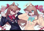  4girls :3 ahoge animal_ears annytf aqua_bow asymmetrical_gloves asymmetrical_legwear black_cardigan blue_background blue_eyes blue_sailor_collar blue_skirt border bow bowtie broken_heart brown_hair buttons camila_(vtuber) cardigan cat_ears cat_girl cat_tail chibi chibi_inset chinese_commentary claw_pose closed_eyes commentary_request conversion806f demon_horns demon_wings dress evil_neuro-sama fang gloves hair_ornament hair_ribbon halo heart heart_button heart_hair_ornament highres horns long_hair long_sleeves looking_to_the_side matching_outfits matching_pose mismatched_gloves mismatched_legwear multiple_girls neuro-sama open_mouth pink_dress pink_hair purple_dress red_bow red_bowtie red_eyes red_ribbon ribbon sailor_collar shirt siblings simple_background sisters skirt smile star_(symbol) star_button star_hair_ornament tail tail_ornament tail_ribbon turtle_button twintails vedal_ai virtual_youtuber white_border white_hair white_shirt white_streaks wings yellow_cardigan yellow_halo yellow_star 