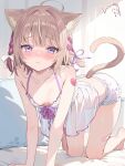  1girl absurdres ahoge all_fours animal_ear_fluff animal_ears babydoll bandaid bandaid_on_arm bandaid_on_leg bare_shoulders barefoot blunt_bangs blush bow breasts brown_hair cat_ears cat_girl cat_tail closed_mouth commentary commission full_body hair_bow hair_intakes hair_ribbon highres indie_virtual_youtuber looking_at_viewer medium_hair meluna_iloli multicolored_hair nose_blush pink_streaks purple_eyes purple_ribbon ribbon short_shorts shorts skeb_commission small_breasts snow-yuuki solo streaked_hair tail virtual_youtuber white_babydoll white_bow white_shorts 