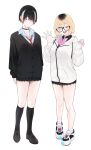  2girls ;d absurdres aki_(rerrere) black_cardigan black_hair black_skirt black_socks blonde_hair blue_eyes bow bowtie brown_shoes cardigan commentary_request cross cross_earrings earrings full_body glasses haru_(rerrere) highres jacket jewelry kneehighs loafers long_sleeves miniskirt multicolored_hair multiple_girls necktie one_eye_closed original pink_bow pink_bowtie pleated_skirt red_necktie rerrere roots_(hair) shoes simple_background skirt smile socks standing streaked_hair white_background white_jacket white_shoes yellow_eyes 