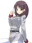  brown_eyes brown_hair female gundam gundam_lost_war_chronicles hirowa_nagi military_uniform noel_anderson simple_background solo uniform white_background 