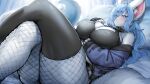  animal_ear_fluff animal_ears artist_name bare_shoulders black_thighhighs blue_eyes blue_hair blush breasts closed_mouth collar commentary_request crossed_legs eyes_visible_through_hair fishnet_pantyhose fishnets fluffy fox fox_ears furry furry_female hair_over_one_eye highres large_breasts long_sleeves looking_at_viewer lying off_shoulder on_back on_bed original pantyhose single_thighhigh sports_bra suurin_(ksyaro) tail thick_thighs thighhighs thighs 