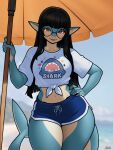 2026 3:4 anthro archaeocete basilosaurid basilosaurus beach beach_umbrella big_breasts black_hair blazbaros blush bottomwear breasts brown_eyes cetacean clothing collarbone eyebrows eyelashes eyewear female glasses green_body hair hand_on_hip hi_res mammal marine midriff navel outside parasol prehistoric_species round_glasses shirt shorts smile solo tan_body thick_thighs tied_shirt topwear whale wide_hips