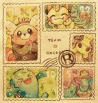  >_< :3 absurdres bewear blush closed_eyes commentary_request fang flower head_wreath highres holding holding_flower mareanie meowth mimikyu no_humans open_mouth pokemon pokemon_(anime) pokemon_(creature) postage_stamp red_flower team_rocket traditional_media watercolor_pencil_(medium) wobbuffet yukichi_0611 