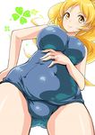  ass_visible_through_thighs bad_id bad_pixiv_id bangs blonde_hair blue_swimsuit blush breasts closed_mouth clover covered_navel cowboy_shot crotch cure_honey dutch_angle fingernails foreshortening four-leaf_clover from_below hand_on_hip hand_on_own_stomach happinesscharge_precure! high_ponytail highres hips large_breasts legs_apart light_smile long_fingernails long_hair long_ponytail looking_at_viewer magical_girl old_school_swimsuit one-piece_swimsuit oomori_yuuko parted_bangs ponytail precure school_swimsuit sidelocks simple_background smile solo standing swimsuit takeashiro wavy_hair white_background yellow_eyes 