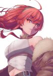  1girl absurdres ahoge belt black_hairband breasts brown_jacket commentary cropped_shirt eris_greyrat fur-trimmed_jacket fur_trim hair_between_eyes hairband highres jacket long_hair long_sleeves looking_at_viewer medium_breasts moga_(vdvk3434) mushoku_tensei off_shoulder parted_lips red_eyes red_hair shirt simple_background sleeveless sleeveless_shirt solo upper_body white_background white_shirt 