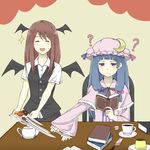  :d ? ^_^ bad_id bad_pixiv_id bangs bat_wings blunt_bangs blush book bookmark bow buttons capelet chair closed_eyes collared_shirt commentary_request confused crescent cup doughnut dress food frown hair_ribbon hat hat_bow hat_ribbon head_wings holding holding_book koakuma long_hair low-tied_long_hair macaron mob_cap mrp multiple_girls open_book open_mouth patchouli_knowledge plate pudding purple_dress purple_eyes purple_hair reaching reading red_hair ribbon saucer shirt short_sleeves sidelocks simple_background single-serving sitting skirt skirt_set smile standing striped striped_dress table teacup teapot theft touhou tress_ribbon vertical_stripes vest white_shirt wings yellow_background 