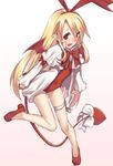  :d bare_legs blonde_hair bow demon_tail demon_wings disgaea fang flonne flonne_(fallen_angel) full_body hair_ribbon high_heels leotard long_hair looking_at_viewer mikazuchi_zeus open_mouth pointy_ears red_eyes red_leotard red_wings ribbon simple_background smile solo tail tail_ribbon thigh_ribbon very_long_hair wings 
