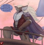 abs accessory amber_eyes anthro armor beard belt belt_buckle black_body black_fur blonde_hair blue_cape blue_clothing boat bottomwear bovid bovine brown_bottomwear brown_clothing brown_pants buckle cape chieftain clothing cloud comic countershade_torso countershading dialogue eye_scar facial_hair facial_scar fantasy flag fluffy fluffy_chest fur furgonomics gauntlets glistening_abs gloves grey_body grey_fur hair handwear heart_of_the_lands hi_res horn horn_accessory hornband inner_ear_fluff long_hair male mammal mature_male muscular muscular_male pants railing red_clothing red_shirt red_topwear sailing_boat sailing_watercraft sailor scar ship shirt shoulder_pads sky smile solo sparkles story story_in_description stylish_apollo sunrise tail_fluff text topwear true_buffalo tuft vehicle water_buffalo watercraft wheat wheat_in_mouth xander_dorwin