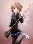  black_legwear broom brown_eyes brown_hair hirasawa_yui k-on! pantyhose pu-er sakuragaoka_high_school_uniform school_uniform shoes short_hair unconventional_guitar uwabaki 