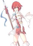  absurdres armor bad_id bad_pixiv_id boots brown_eyes cape dress echizen_(hvcv) fire_emblem fire_emblem_if gloves highres hinoka_(fire_emblem_if) looking_back open_mouth polearm red_hair short_dress short_hair shoulder_armor sketch solo spaulders spear weapon white_footwear 