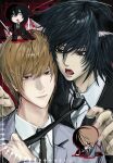  2boys animal_ear_fluff animal_ears black_hair black_jacket black_necktie blood blood_on_face brown_hair chibi chibi_inset clothes_grab collared_shirt commentary_request death_note dog_boy dog_ears dog_tail emocg7 fangs grey_eyes grey_jacket hair_between_eyes highres holding holding_pen jacket kemonomimi_mode light_smile male_focus medium_hair mikami_teru multiple_boys necktie necktie_grab neckwear_grab open_mouth parted_lips pen shirt short_hair suit_jacket sweatdrop tail white_shirt yagami_light 