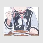  1girl border bruise bruise_on_neck chinese_commentary commentary_request d.y.x. eating eyes_out_of_frame food grey_border head_out_of_frame holding holding_spoon injury long_sleeves mahou_shoujo_no_majo_saiban neck_ribbon open_mouth plate ribbon sakuraba_ema short_hair solo spoon table upper_body white_hair white_ribbon 