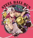  2boys aiming aiming_at_viewer alternate_color androgynous aqua_hat ball blue_hat commentary copyright_name cowboy_hat creature creature_on_shoulder english_commentary facial_hair goggles goggles_on_headwear gold_teeth green_hair green_lips green_nails grin gyro_zeppeli hat holding holding_ball holding_orb horseshoe_hat_ornament horseshoe_ornament index_finger_raised johnny_joestar jojo_no_kimyou_na_bouken lipstick long_hair lower_eyelashes_only makeup male_focus multiple_boys nail_polish on_shoulder orb pink_background pink_hair pink_lips powering_up shirt short_hair silhouette smile stand_(jojo) steel_ball_run tusk_(stand) tusk_act1 wanderjegson white_hat white_shirt yellow_eyes yellow_nails 