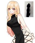  1girl alternate_costume arms_behind_back bare_arms bare_shoulders black_dress blonde_hair blush breasts commentary cowboy_shot dress english_commentary gradient_hair grin hair_between_eyes hair_over_shoulder kitagawa_marin long_hair medium_breasts miovartz multicolored_hair parted_lips pink_eyes pink_hair reference_inset sideboob sleeveless sleeveless_dress smile solo sono_bisque_doll_wa_koi_wo_suru straight_hair teeth thighs white_background 