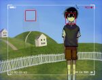  1boy antenna_hair arms_at_sides battery_indicator black_eyes black_hair black_sweater_vest blue_sky brown_shorts closed_mouth collared_shirt commentary day double-parted_bangs english_commentary expressionless feet_out_of_frame fence hair_between_eyes liminal_space looking_at_viewer male_focus nill_(nill) omori outdoors picket_fence recording revision shirt short_hair short_sleeves shorts simple_background sky socks solo something_(omori) standing straight-on sunny_(omori) sweater_vest timestamp viewfinder white_shirt white_socks wooden_fence 