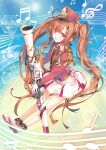  1girl arikawa_satoru blue_sky brown_hair character_request commentary_request fantasy full_body hat highres holding holding_instrument instrument jacket long_hair looking_at_viewer musical_note official_art open_mouth red_eyes skirt sky smile solo twintails very_long_hair z/x 