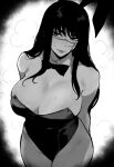  1girl alternate_breast_size_(larger) animal_ears armpit_crease black_bow black_bowtie black_hair black_leotard blush bow bowtie breasts chainsaw_man choppy_bangs cleavage closed_mouth commentary cowboy_shot detached_collar english_commentary fake_animal_ears greyscale groin highleg highleg_leotard highres large_breasts leotard long_hair looking_at_viewer mitaka_asa mole_beside_mouth monochrome playboy_bunny rabbit_ear_headwear rethoven scar scar_on_cheek scar_on_face scar_on_nose sidelocks solo strapless strapless_leotard sweat sweatdrop 